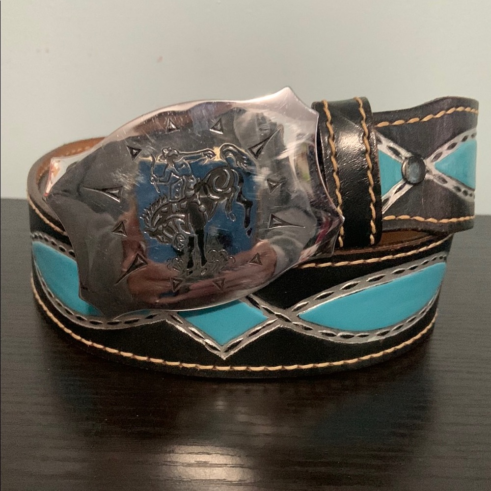 Black and Turquoise Western Belt with Silver Buckle